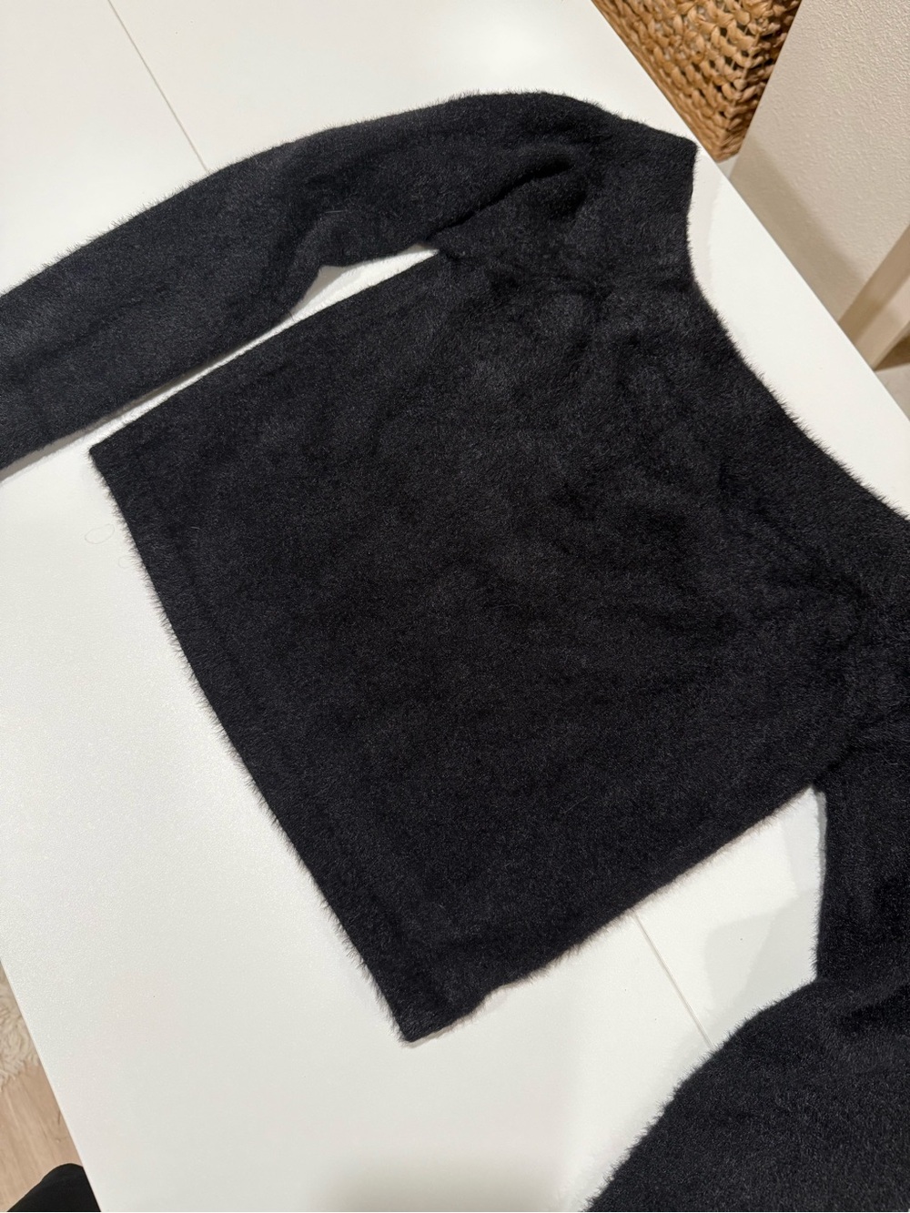 Good American Black Off-the-Shoulder Fuzzy Sweater